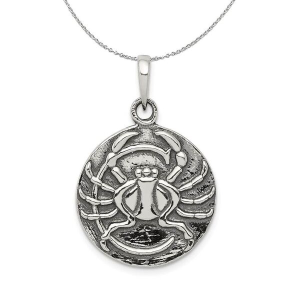 Silver Cancer the Crab Zodiac Embossed Circle Necklace - 24 In